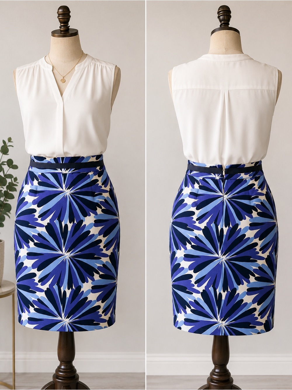 Boden Blue Purple Abstract Floral Pencil Skirt Size US 4 UK 8 Lined Cotton